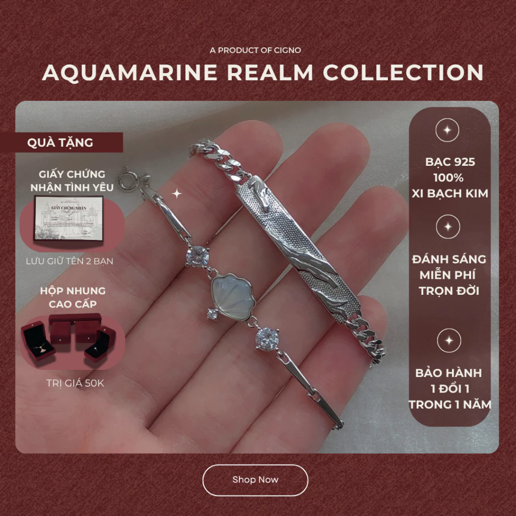 BẠC 925| Vòng tay bạc đôi S925 cao cấp Aquamarine Realm CIGNO - Ảnh 2