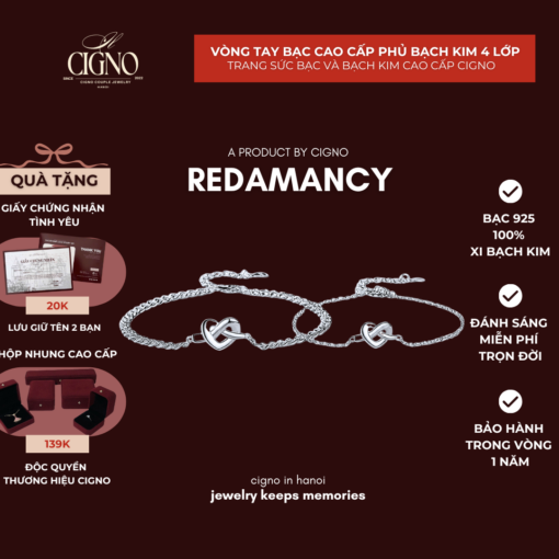 Vòng tay đôi Bạc 925 phủ bạch kim cao cấp Redamancy CIGNO