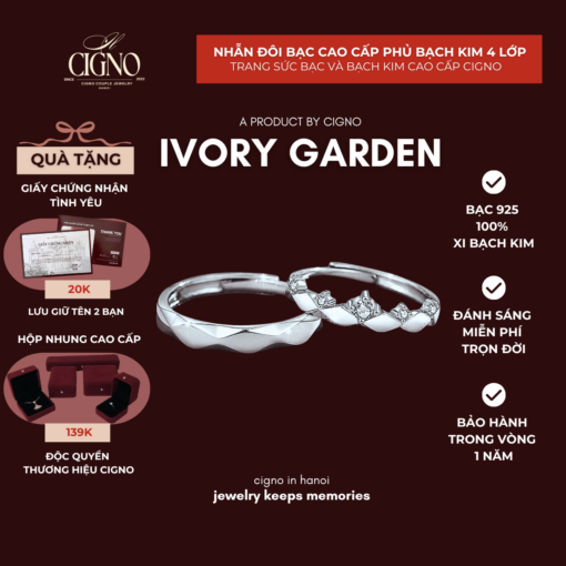 Nhẫn đôi Bạc 925 phủ Bạch kim cao cấp Ivory Garden CIGNO