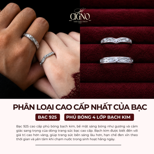 Alternative view of Nhẫn đôi Bạc 925 phủ Bạch kim cao cấp The First Letter CIGNO