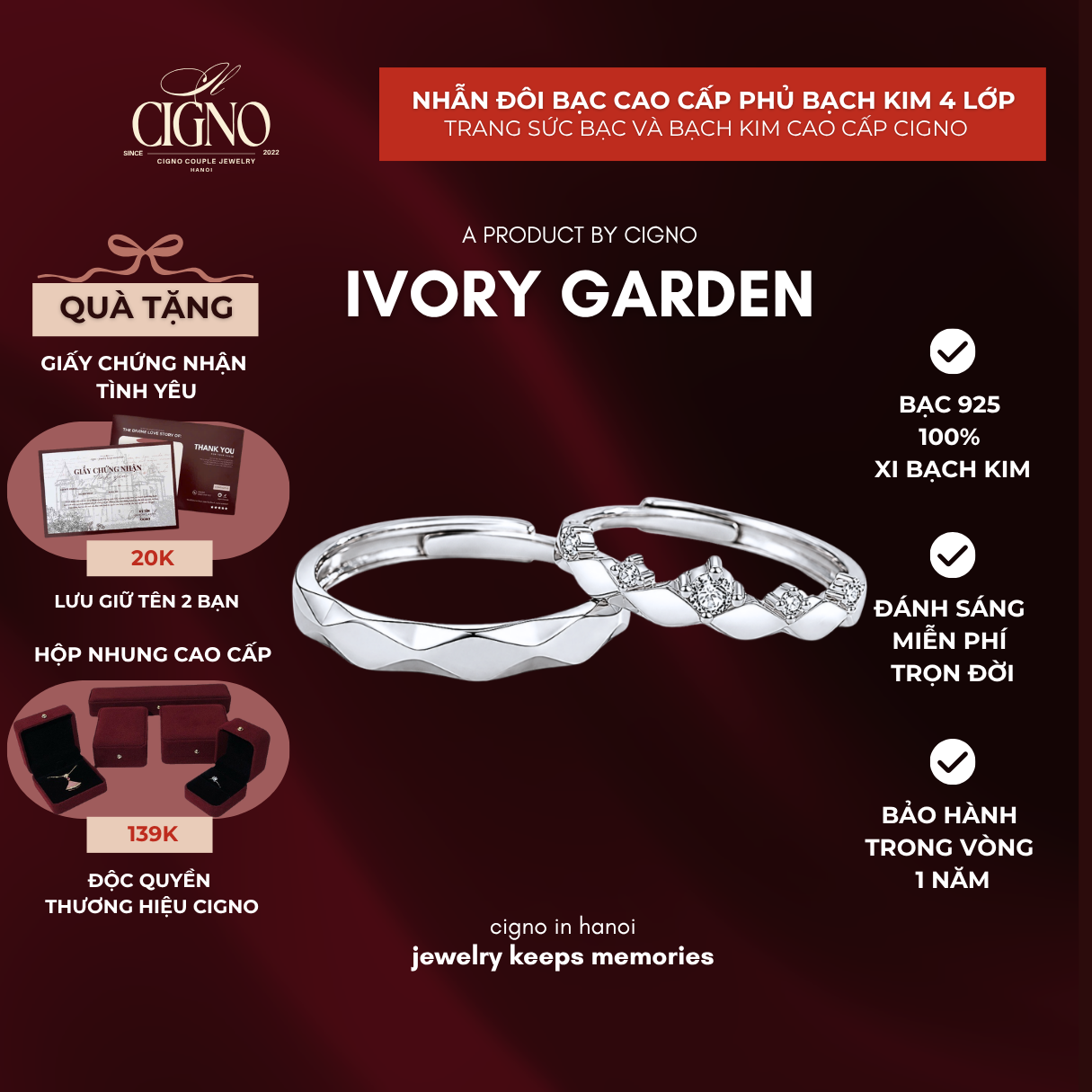 Nhẫn đôi Bạc 925 phủ Bạch kim cao cấp Ivory Garden CIGNO