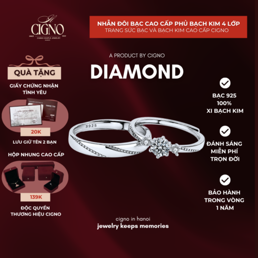 Nhẫn đôi Bạc 925 phủ Bạch kim cao cấp Diamond CIGNO