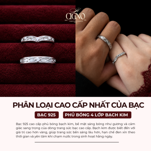 Alternative view of Nhẫn đôi Bạc 925 phủ Bạch kim cao cấp The First Letter CIGNO