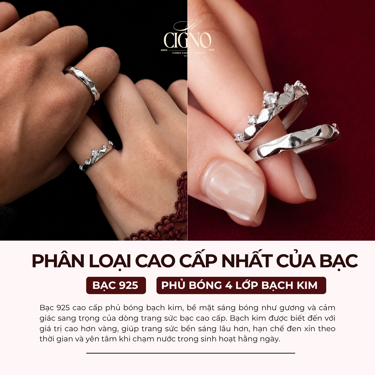 Nhẫn đôi Bạc 925 phủ Bạch kim cao cấp Ivory Garden CIGNO - Ảnh 2