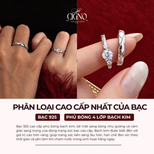 Alternative view of Nhẫn đôi Bạc 925 phủ Bạch kim cao cấp Diamond CIGNO