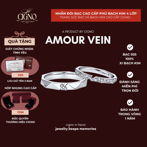 Nhẫn đôi Bạc 925 phủ Bạch kim cao cấp Amour Vein CIGNO