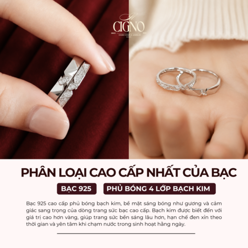 Alternative view of Nhẫn đôi Bạc 925 phủ Bạch kim cao cấp Amour Vein CIGNO