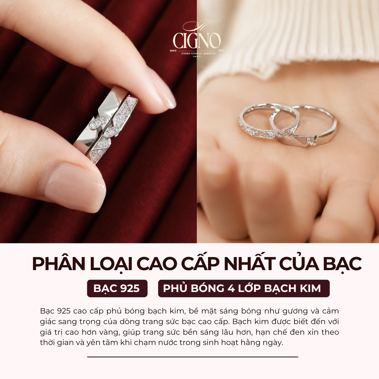 Nhẫn đôi Bạc 925 phủ Bạch kim cao cấp Amour Vein CIGNO - Ảnh 2