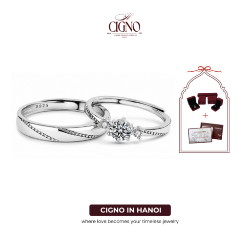 Nhẫn đôi Bạc 925 phủ Bạch kim cao cấp Diamond CIGNO