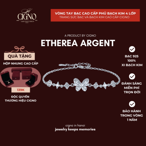 Vòng tay nữ Bạc 950 phủ Bạch kim cao cấp Etherea Argent CIGNO