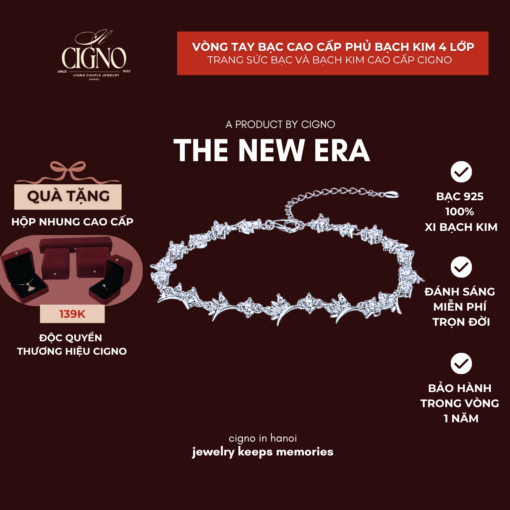Vòng tay nữ Bạc 925 phủ Bạch kim cao cấp The New Era CIGNO