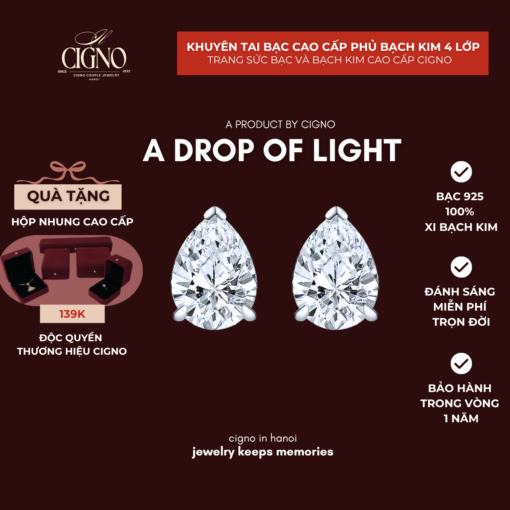 CIGNO - Khuyên tai A Drop of Light Bạc 925 cao cấp phủ bóng Bạch kim 4 lớp