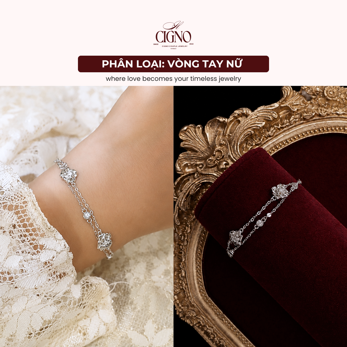 Vòng tay đôi Bạc 925 phủ Bạch kim cao cấp The Tale of Rose CIGNO - Ảnh 5