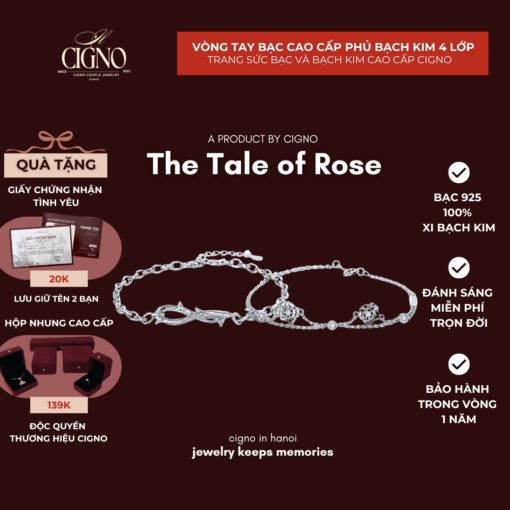 Vòng tay đôi Bạc 925 phủ Bạch kim cao cấp The Tale of Rose CIGNO