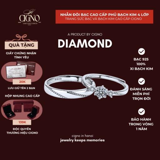 Nhẫn đôi Bạc 925 phủ Bạch kim cao cấp Diamond CIGNO