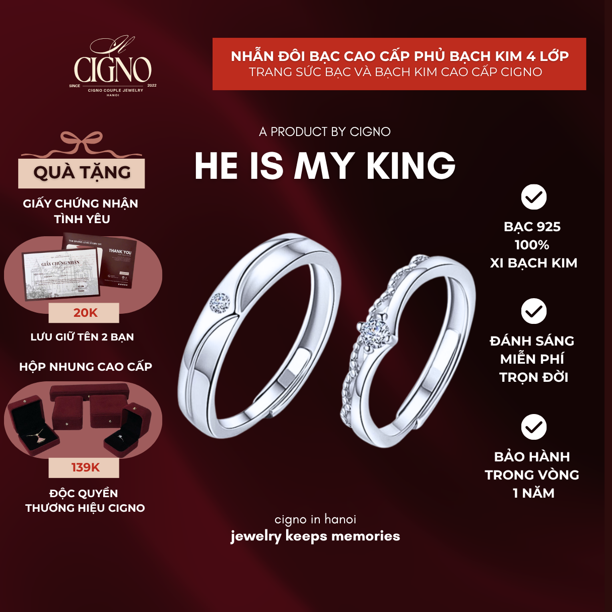 Nhẫn đôi Bạc 925 phủ Bạch kim cao cấp He is my king CIGNO