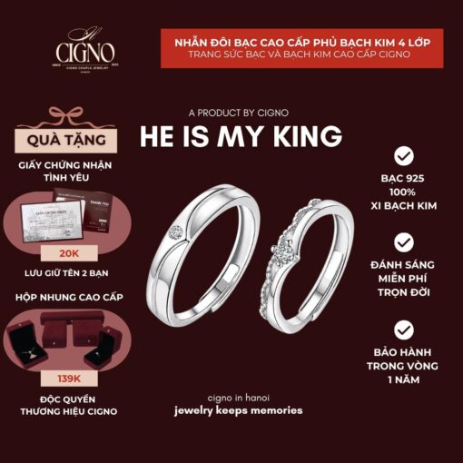 Nhẫn đôi Bạc 925 phủ Bạch kim cao cấp He is my king CIGNO
