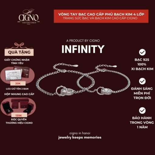 Vòng tay đôi Bạc 925 phủ bạch kim cao cấp Infinity CIGNO