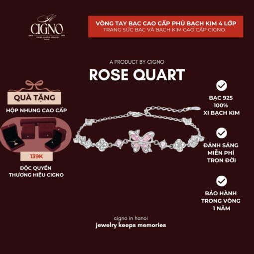 Vòng tay nữ Bạc 925 phủ Bạch kim cao cấp Etherea Rose Quart CIGNO