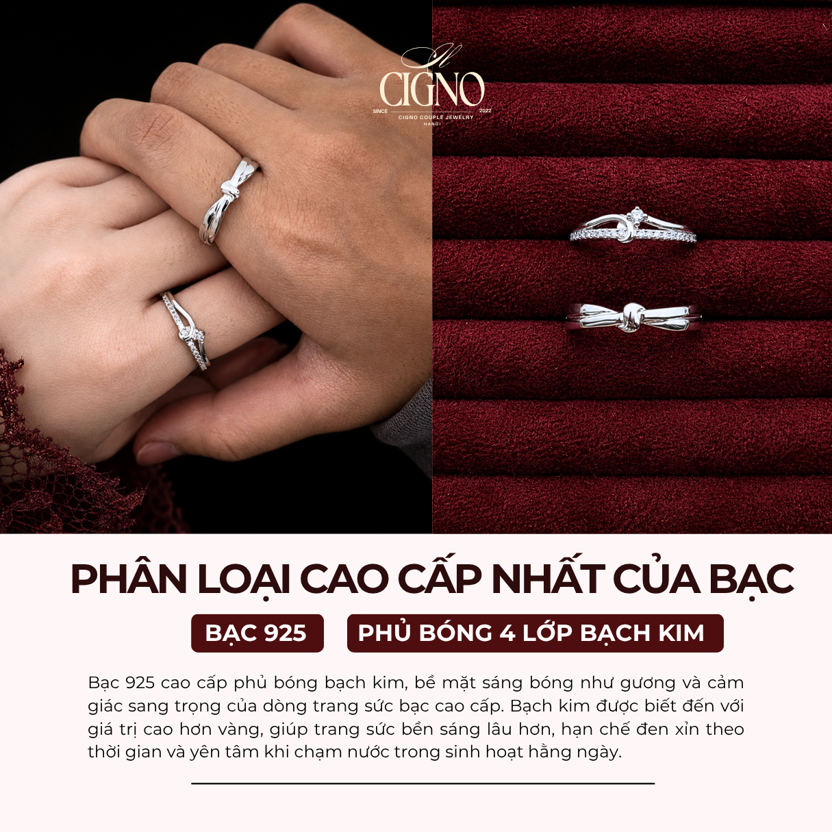 Nhẫn đôi Bạc 925 phủ Bạch kim cao cấp Tie The Knot CIGNO - Ảnh 2