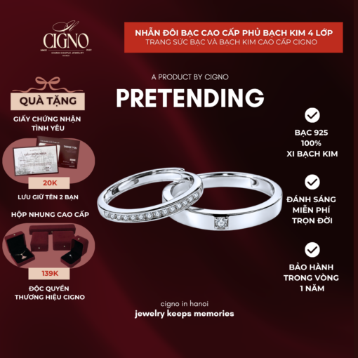 Nhẫn đôi Bạc 925 phủ Bạch kim cao cấp Pretending CIGNO