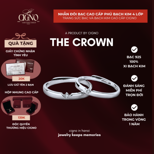 Nhẫn đôi Bạc 925 phủ Bạch kim cao cấp The Crown by CIGNO