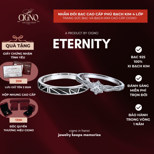 Nhẫn đôi Bạc 925 phủ Bạch kim cao cấp Eternity CIGNO