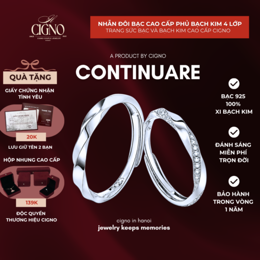 Nhẫn đôi Bạc 925 phủ Bạch kim cao cấp Continuare CIGNO