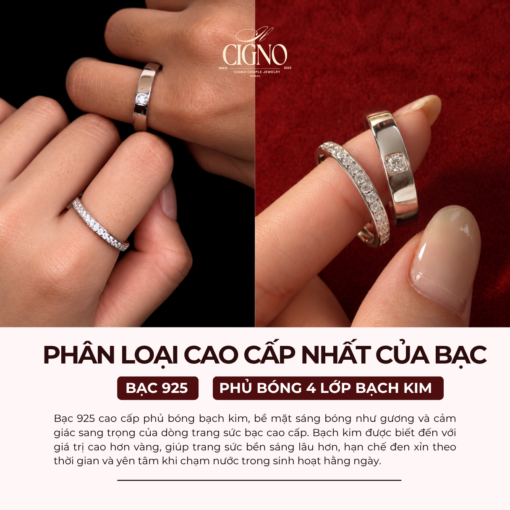 Alternative view of Nhẫn đôi Bạc 925 phủ Bạch kim cao cấp Pretending CIGNO