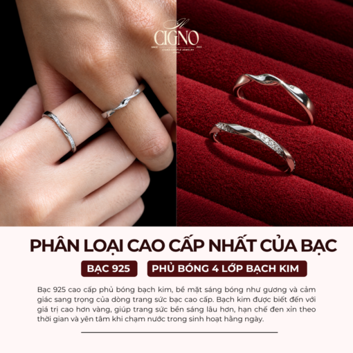 Alternative view of Nhẫn đôi Bạc 925 phủ Bạch kim cao cấp Continuare CIGNO