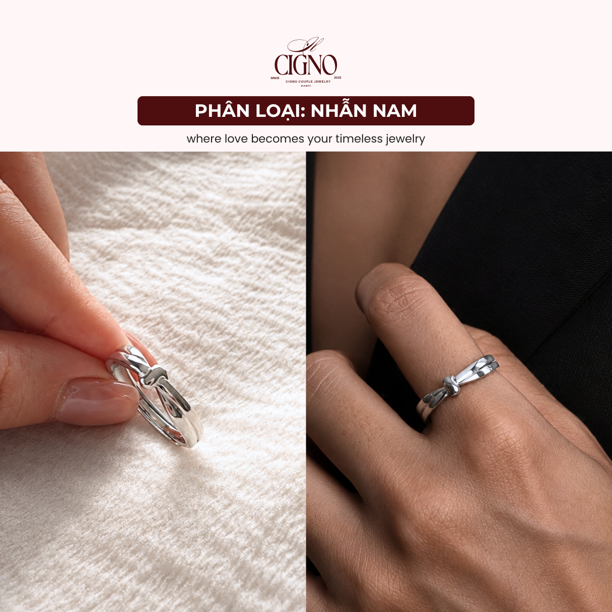 Nhẫn đôi Bạc 925 phủ Bạch kim cao cấp Tie The Knot CIGNO - Ảnh 6