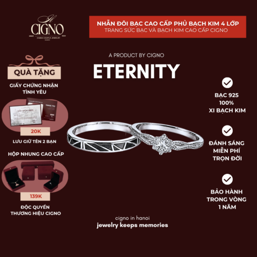 Nhẫn đôi Bạc 925 phủ Bạch kim cao cấp Eternity CIGNO