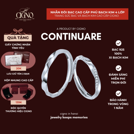 Nhẫn đôi Bạc 925 phủ Bạch kim cao cấp Continuare CIGNO