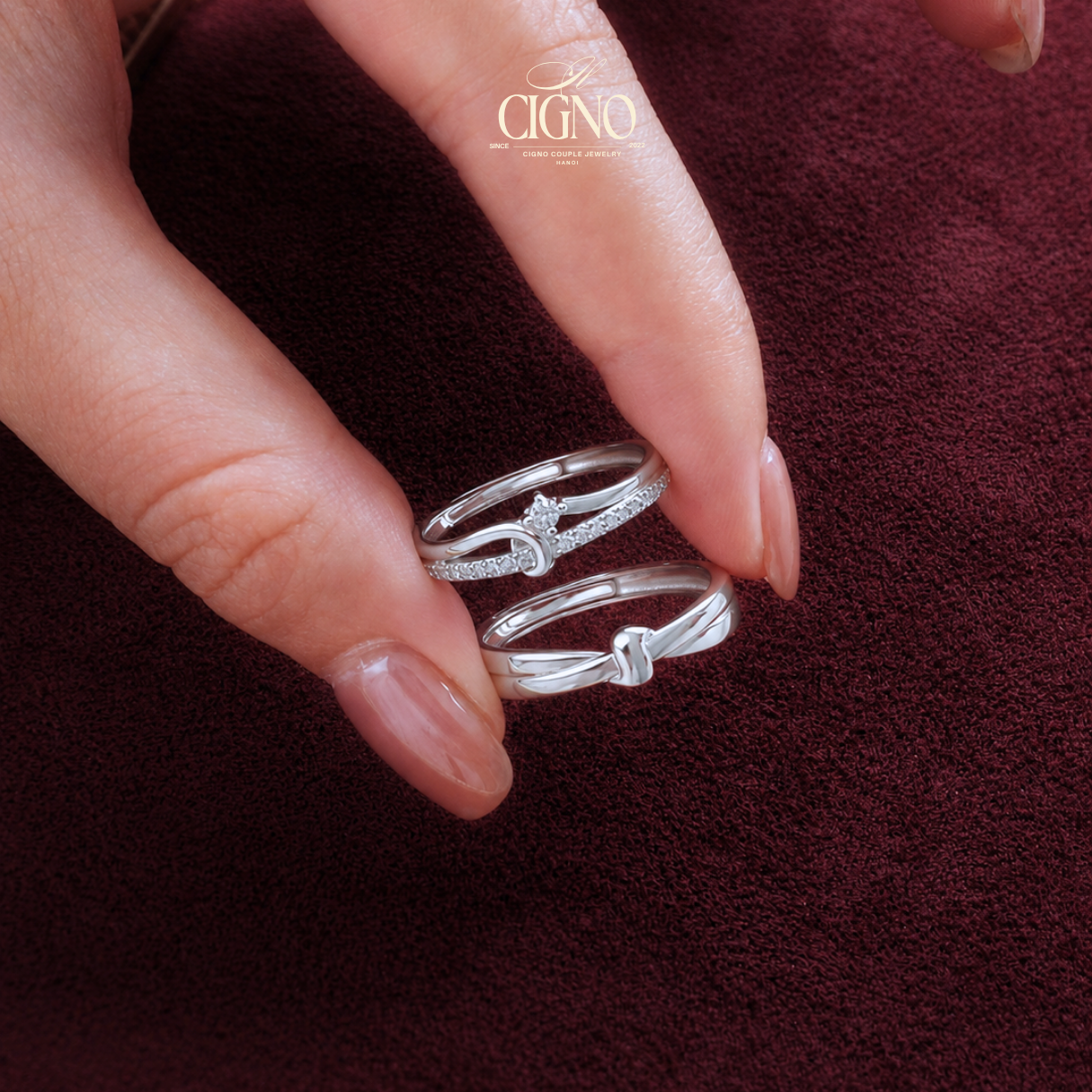 Nhẫn đôi Bạc 925 phủ Bạch kim cao cấp Tie The Knot CIGNO - Ảnh 7
