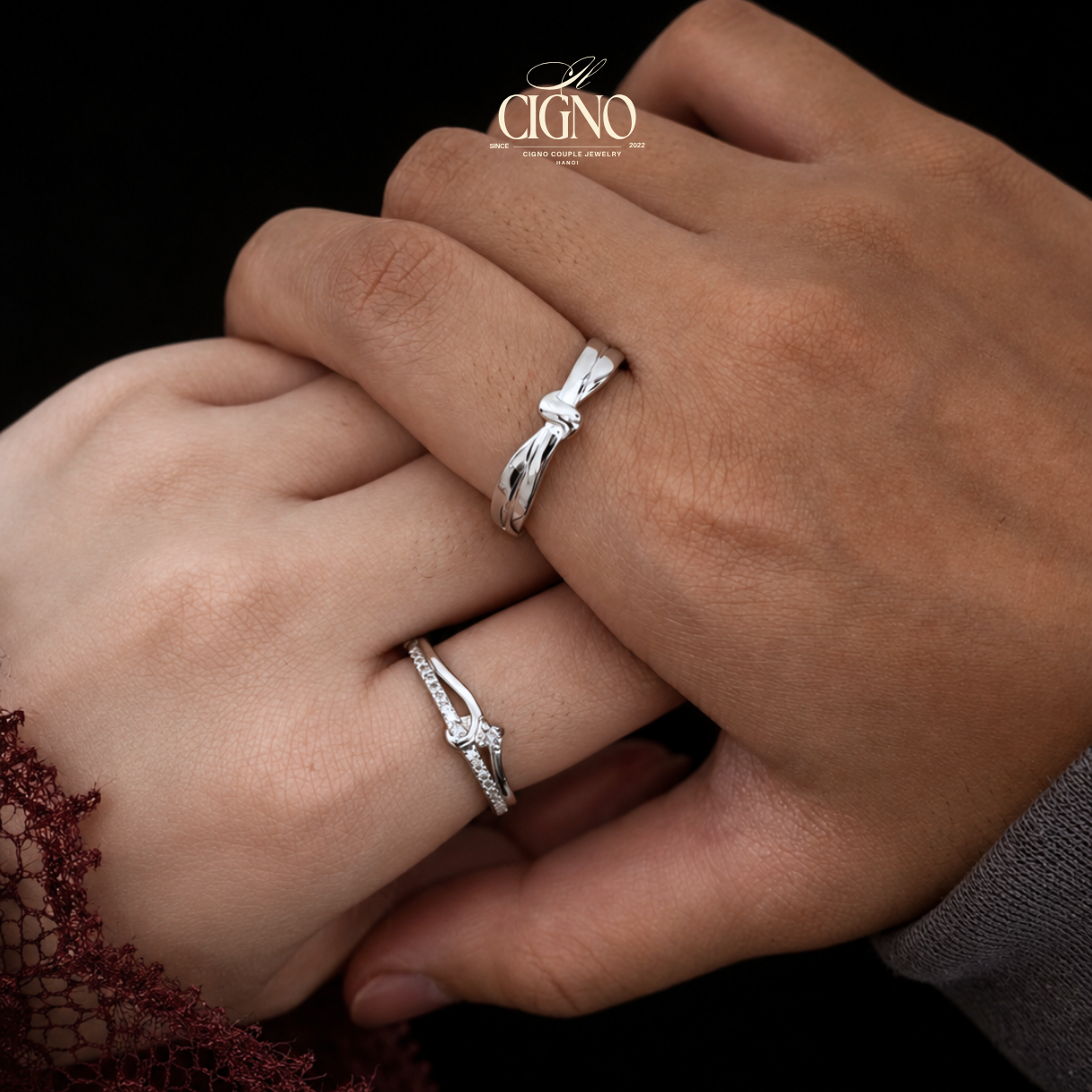 Nhẫn đôi Bạc 925 phủ Bạch kim cao cấp Tie The Knot CIGNO - Ảnh 8