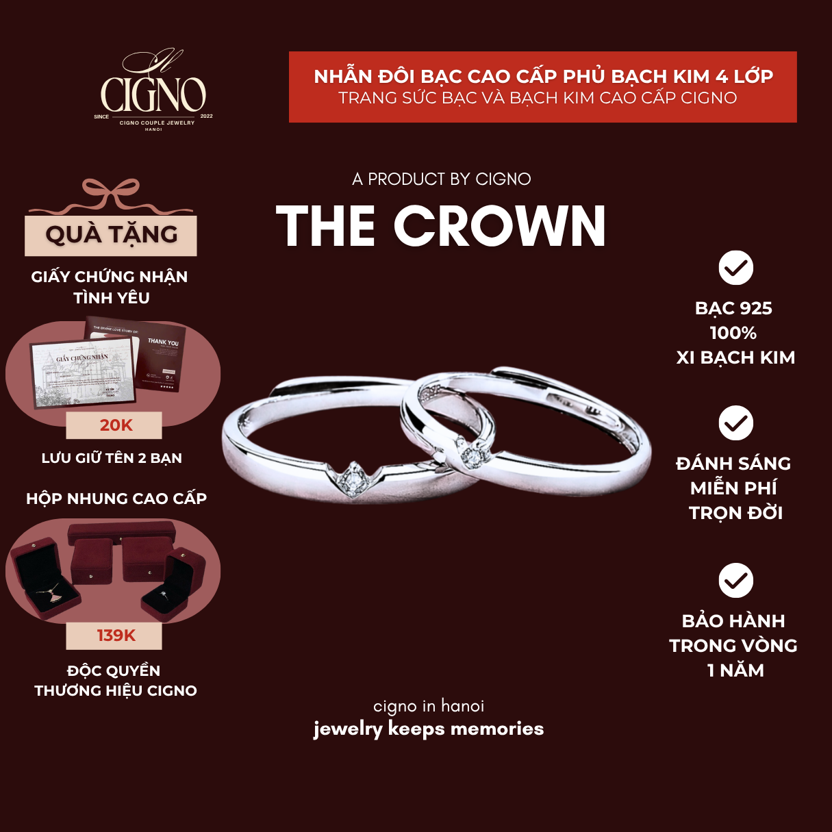 Nhẫn đôi Bạc 925 phủ Bạch kim cao cấp The Crown by CIGNO
