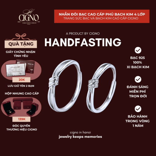 Nhẫn đôi Bạc 925 phủ Bạch kim cao cấp Handfasting CIGNO