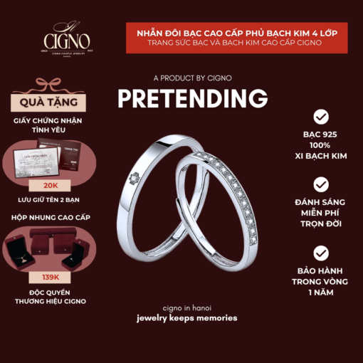 Nhẫn đôi Bạc 925 phủ Bạch kim cao cấp Pretending CIGNO