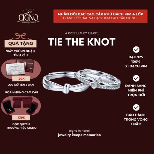 Nhẫn đôi Bạc 925 phủ Bạch kim cao cấp Tie The Knot CIGNO