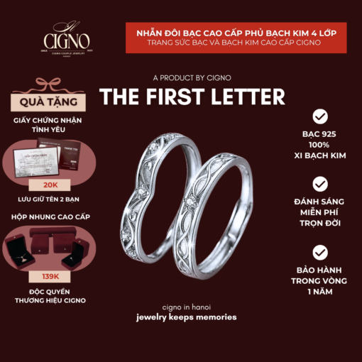 Nhẫn đôi Bạc 925 phủ Bạch kim cao cấp The First Letter CIGNO