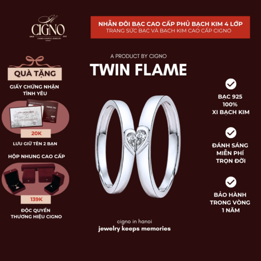 Nhẫn đôi Bạc 925 phủ Bạch kim cao cấp Twin Flame by CIGNO
