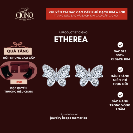 CIGNO - Khuyên tai Etherea Bạc 925 cao cấp phủ bóng Bạch kim 4 lớp