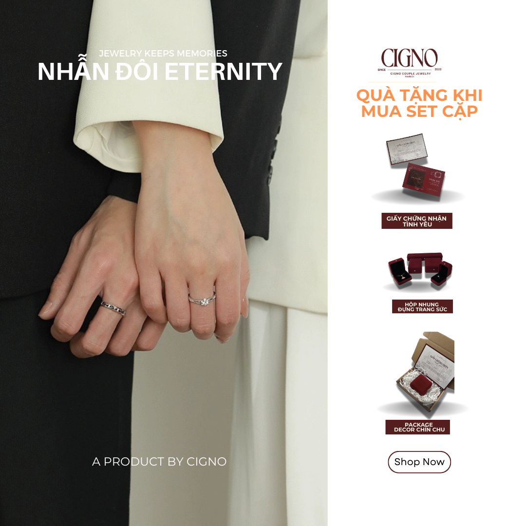 Nhẫn đôi Bạc 925 phủ Bạch kim cao cấp Eternity CIGNO - Ảnh 8