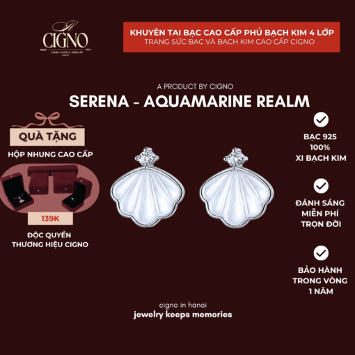 CIGNO - Khuyên tai Serena Bạc 925 cao cấp phủ bóng Bạch kim 4 lớp - Aquamarine Realm Collection