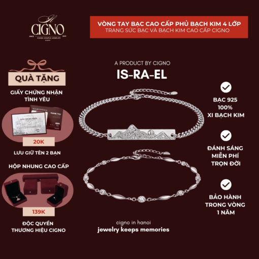 Vòng tay đôi Bạc 925 phủ Bạch kim cao cấp Is-Ra-El CIGNO
