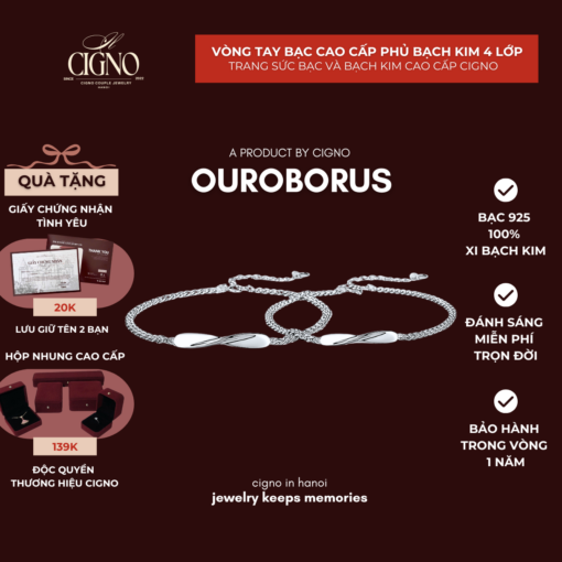 Vòng tay đôi Bạc 925 phủ Bạch kim cao cấp Ouroborus CIGNO