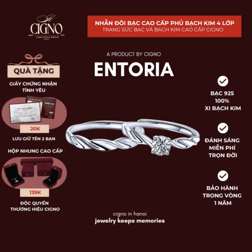 Nhẫn đôi Bạc 925 phủ Bạch kim cao cấp Entoria CIGNO
