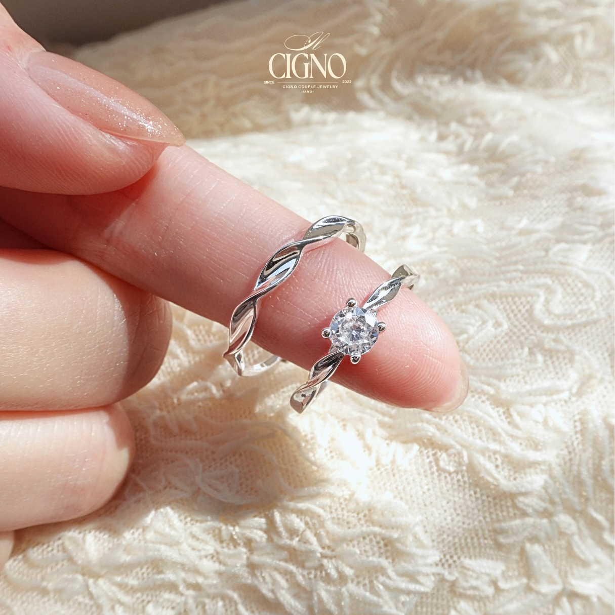 Nhẫn đôi Bạc 925 phủ Bạch kim cao cấp Entoria CIGNO - Ảnh 6