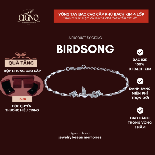 Vòng tay Bạc 925 phủ Bạch kim cao cấp Bloometh Birdsongs CIGNO