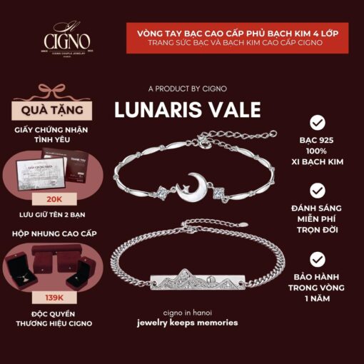 Vòng tay đôi Bạc 925 phủ Bạch kim cao cấp Is-Ra-El CIGNO - Lunaris Vale Version